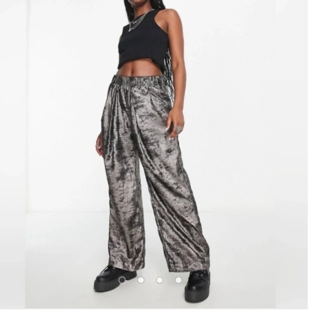 Free People Wide Leg Pants Womens S Silver Excellent Crushed Velvet Metallic